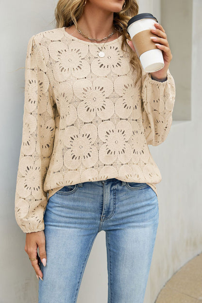 Eyelet Lace Blouse Puff Sleeve Loose Top