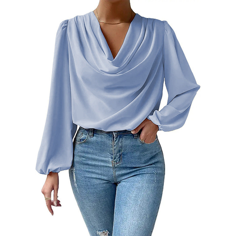 Cowl Neck Chiffon Blouse Lantern Sleeve Draped Top