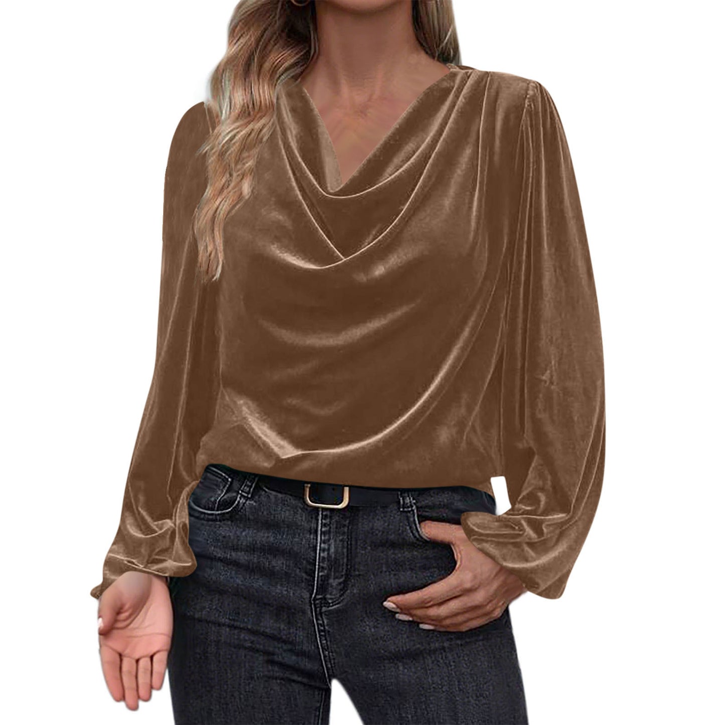 Women's Velvet Cowl Neck Long Sleeve Blouse
