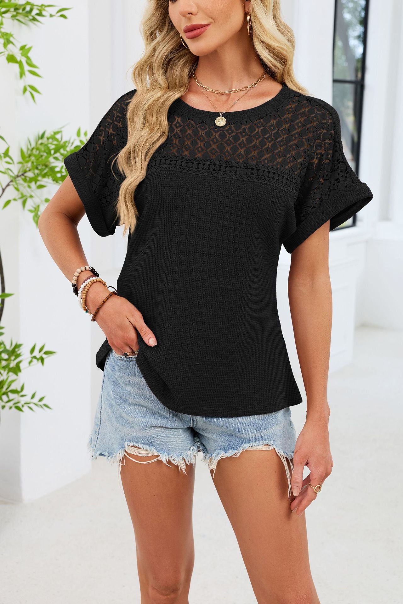 Crochet Lace Yoke Short Sleeve Waffle Knit Casual Top