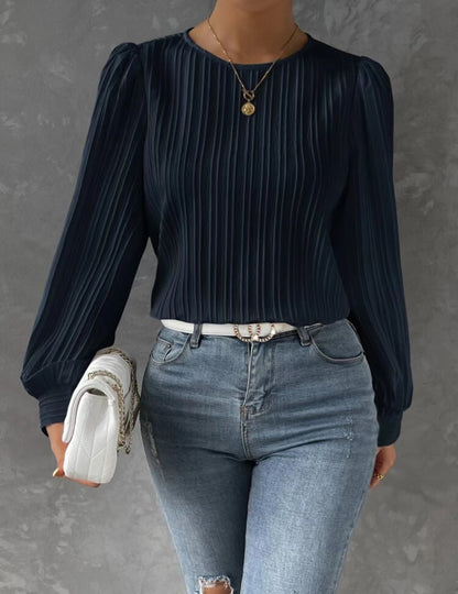 Women's Balloon Sleeve Pleated Blouse Round Neck Top