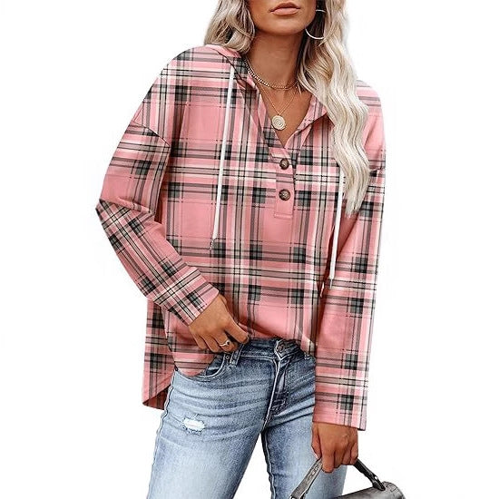 Women's Plaid Button Hoodie Long Sleeve Pullover