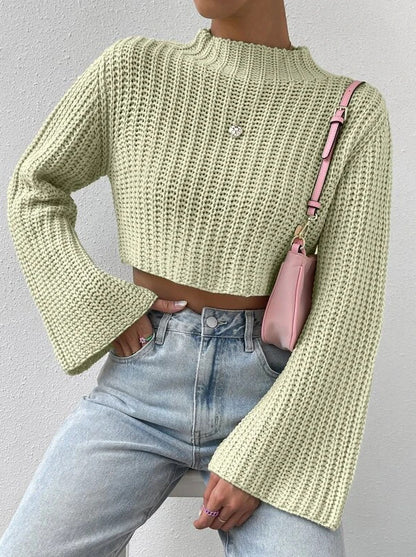 Cropped Mock Neck Bell Sleeve Chunky Knit Sweater