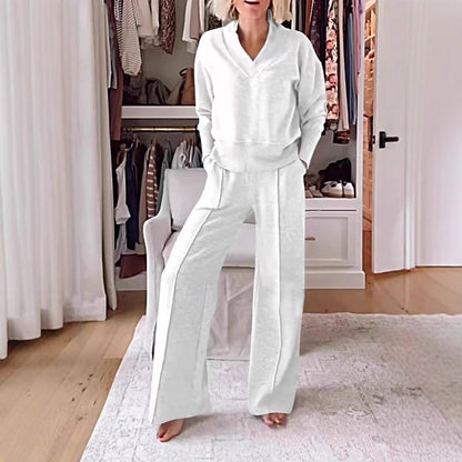 V Neck Two Piece Lounge Set Wide Leg Pants