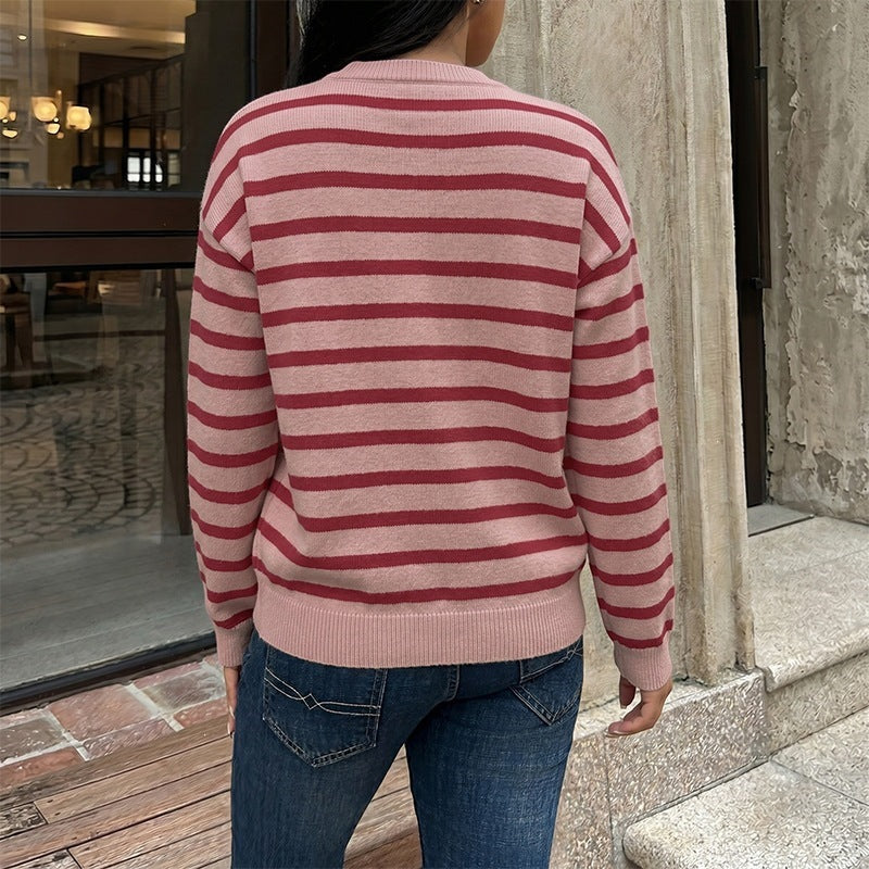 Striped Knit Cardigan Button Front Christmas Sweater