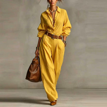 Women Two Piece Button Down Shirt & Pants Set