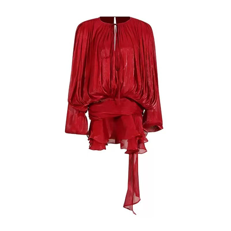 French Puff Sleeve Ruffle Mini Skirt Two Piece Set