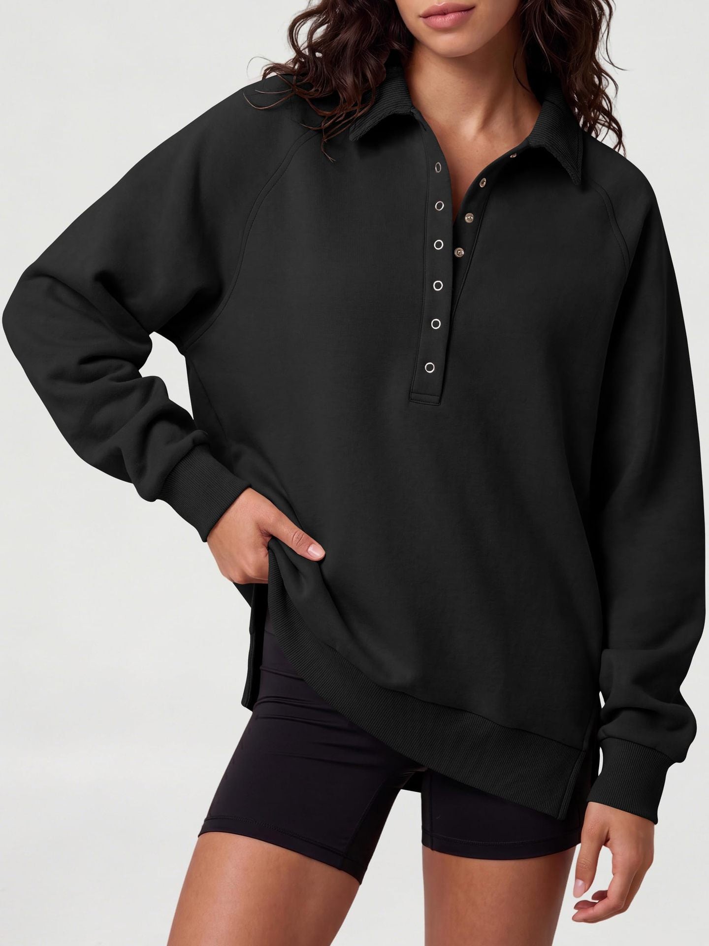 Women's Oversized Collared Button Pullover Sweatshirt