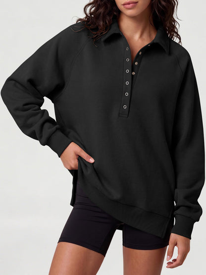 Women's Oversized Collared Button Pullover Sweatshirt