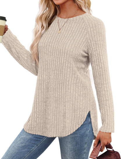 Women's Ribbed Brushed Long Sleeve Crew Neck Curved Hem Top