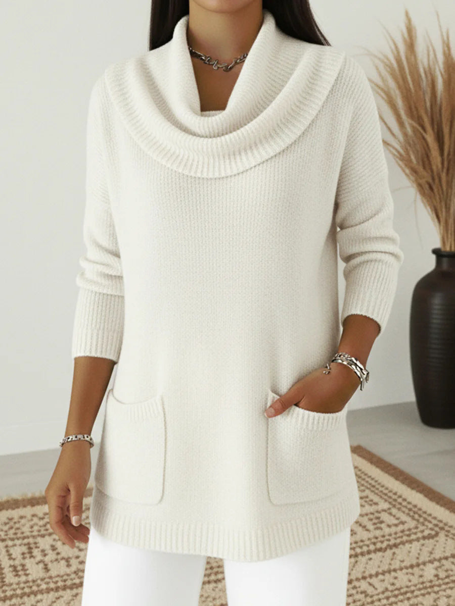 Women's Cowl Neck Long Sleeve Pocket Pullover Sweater