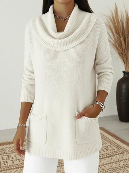 Women's Cowl Neck Long Sleeve Pocket Pullover Sweater