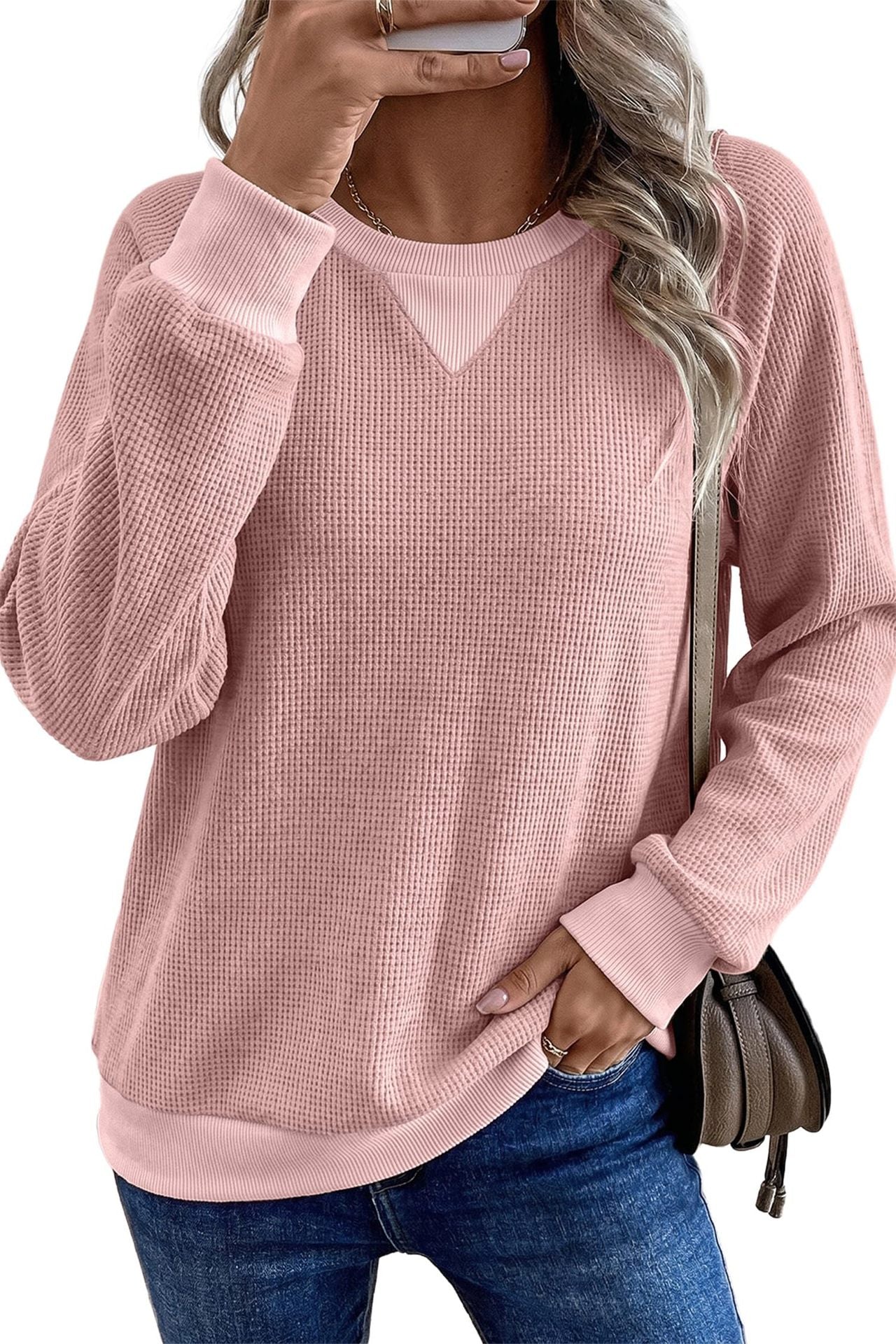 Women's Waffle Knit Color Block Long Sleeve Top