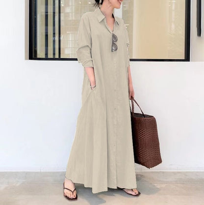 Women's Cotton Linen Maxi Shirt Dress Long Sleeve Pockets
