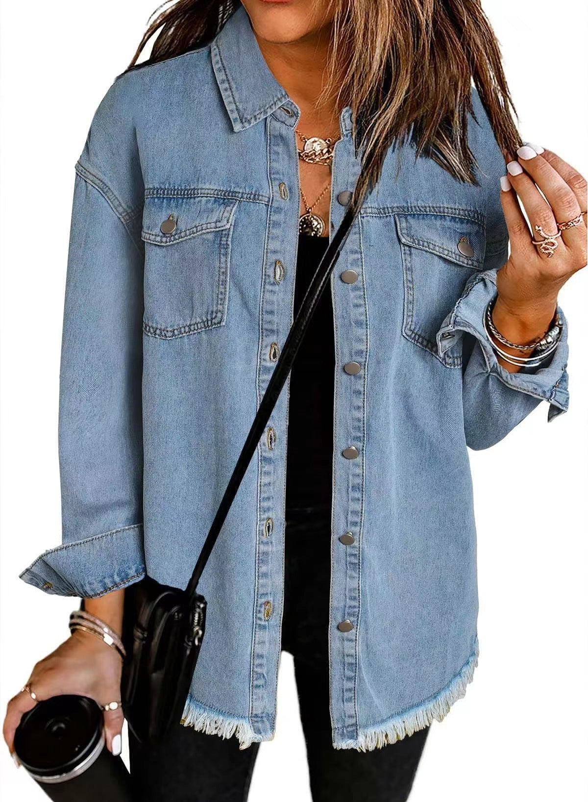 Women's Oversized Denim Shacket Frayed Hem Jacket