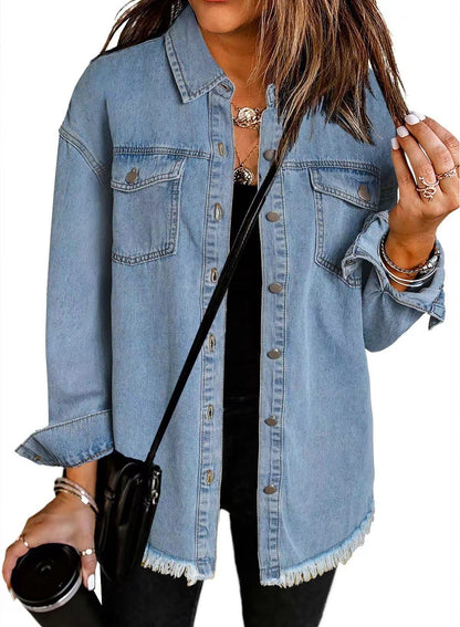 Women's Oversized Denim Shacket Frayed Hem Jacket