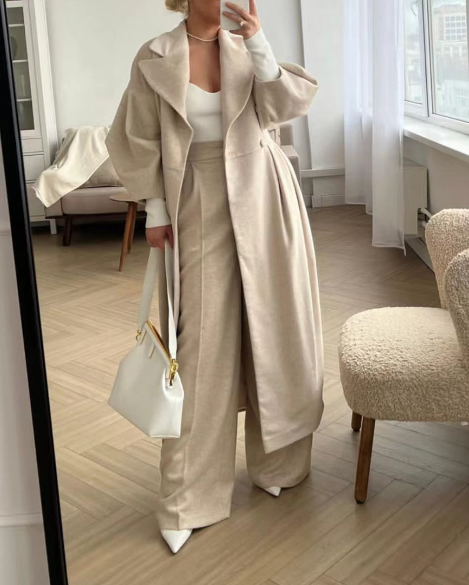 Women Wool Coat Double Breasted Balloon Sleeve Notch Lapel