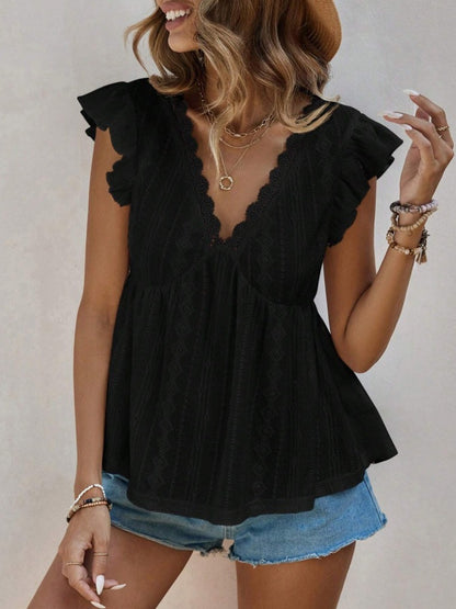 Eyelet Lace Flutter Sleeve V Neck Babydoll Blouse
