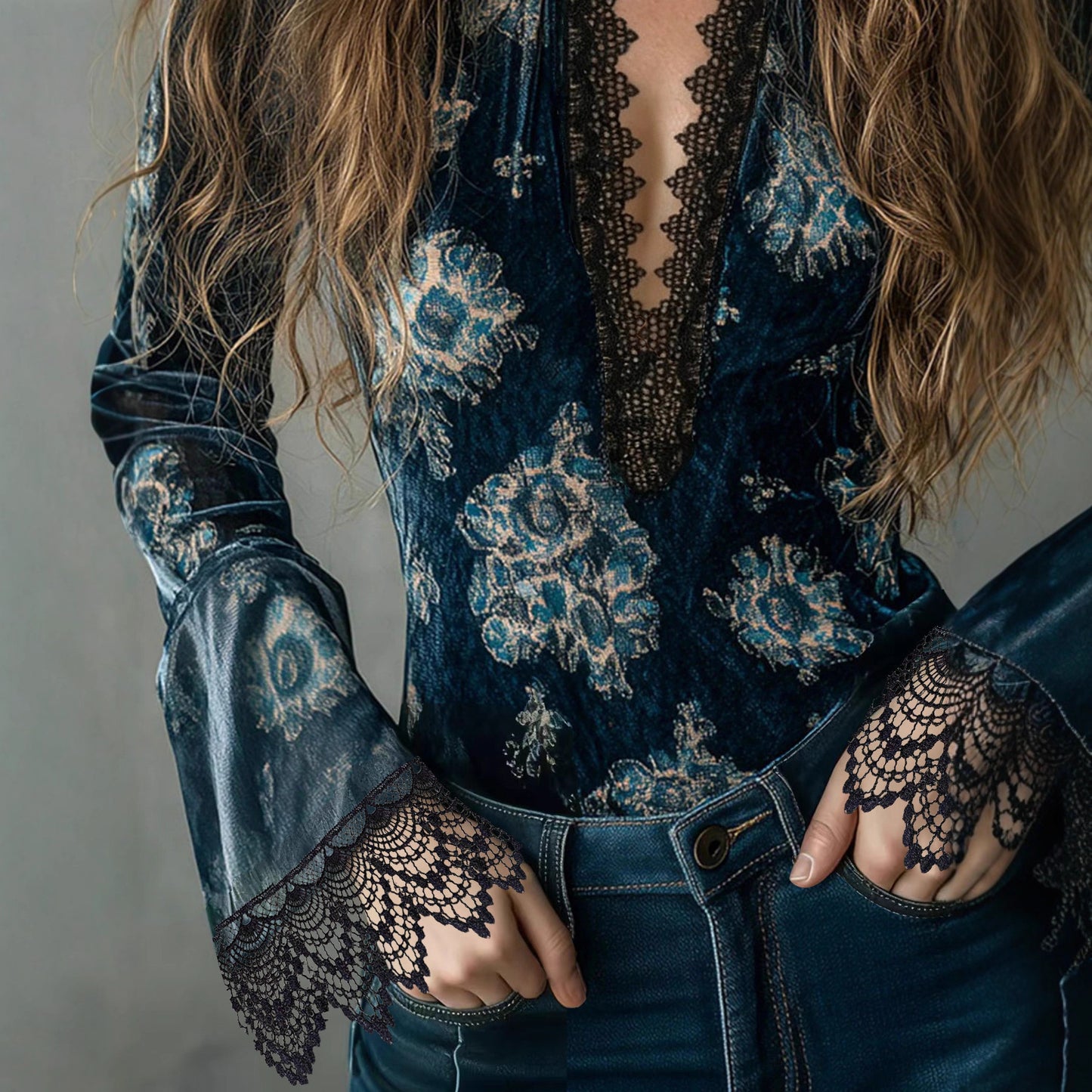 Women's Velvet V-Neck Lace Bell Sleeve Floral Blouse
