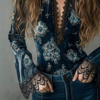 Women's Velvet V-Neck Lace Bell Sleeve Floral Blouse