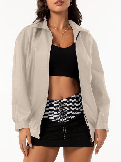 Womens Oversized Faux Leather Jacket Zip Up Casual
