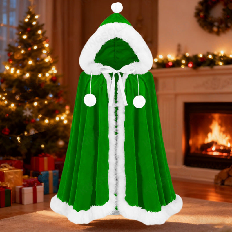 Women’s Christmas Hooded Velvet Cape Faux Fur Trim