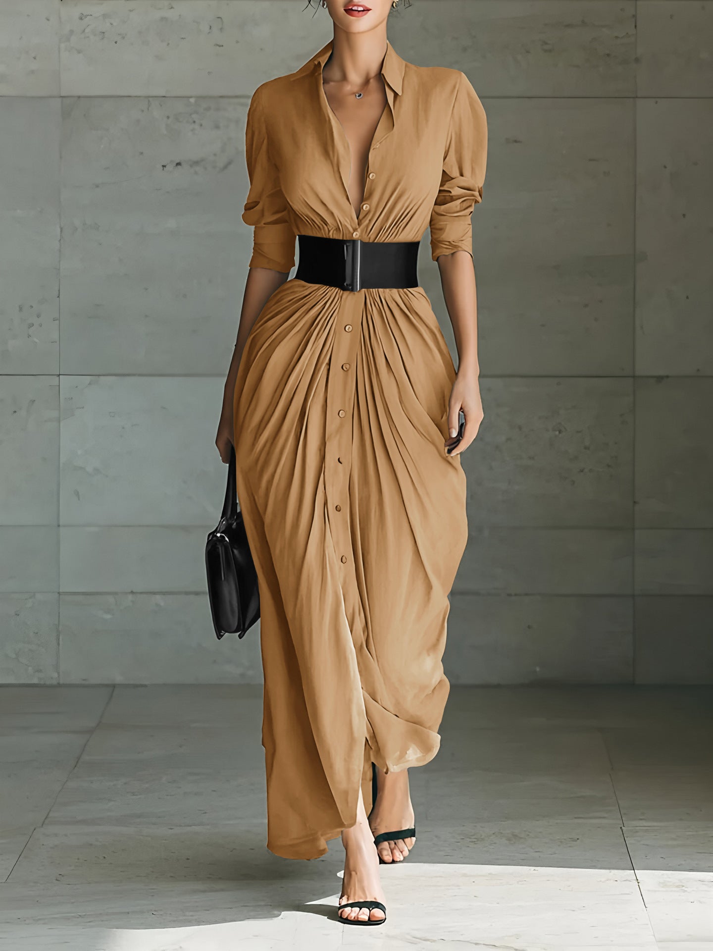 Collared Belted Maxi Shirt Dress Long Sleeve