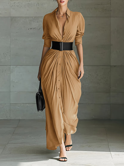 Collared Belted Maxi Shirt Dress Long Sleeve