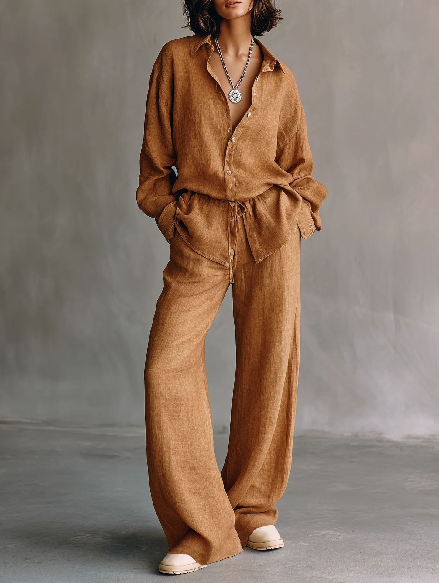 Women's Button Down Shirt Wide Leg Pants Matching Set