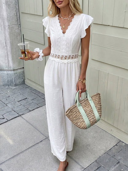 Lace Flutter Sleeve Wide Leg Jumpsuit Resort Outfit