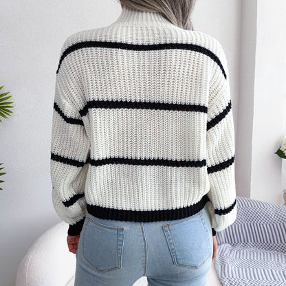 2025 Fall/Winter Casual Striped Lantern Sleeve Knit Sweater