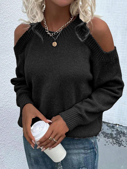 Women's Cold Shoulder Knit Sweater Crew Neck Pullover