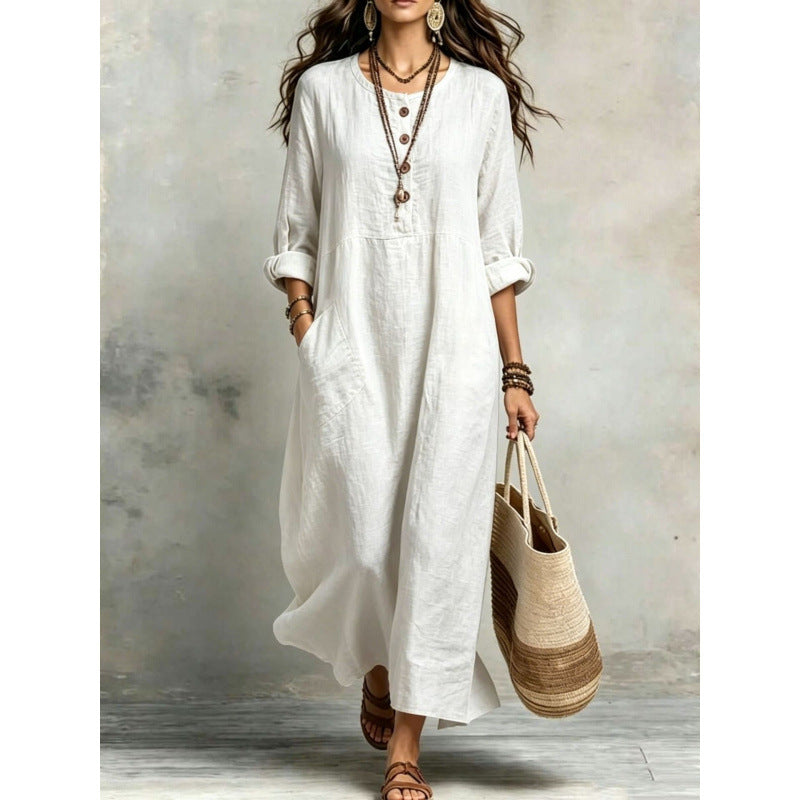 Women's Cotton Linen Maxi Dress Long Sleeve with Pockets