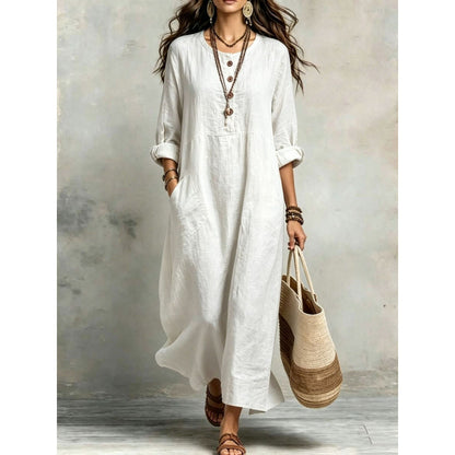 Women's Cotton Linen Maxi Dress Long Sleeve with Pockets