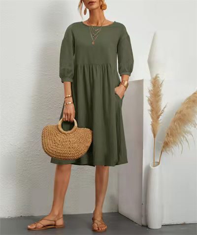 Cotton Linen Balloon Sleeve Midi Dress Pockets