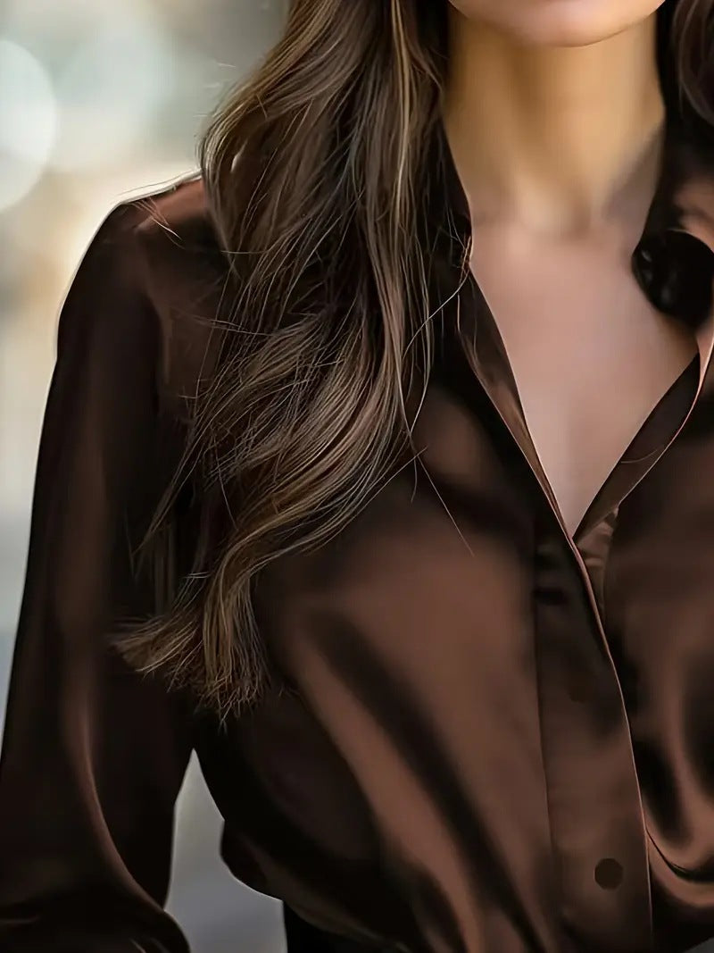 Women's Satin Long Sleeve Button Up V-Neck Blouse