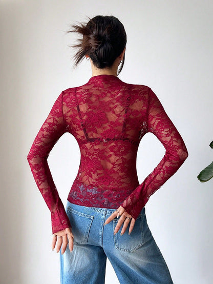 Red Sheer Lace Long Sleeve Slim Fit Top Women