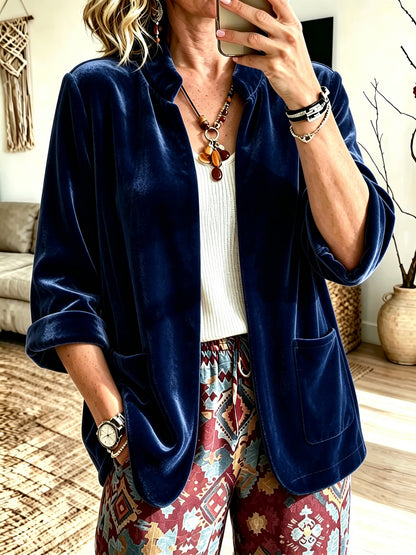 Women's Velvet Blazer Open Front Long Sleeve Pockets