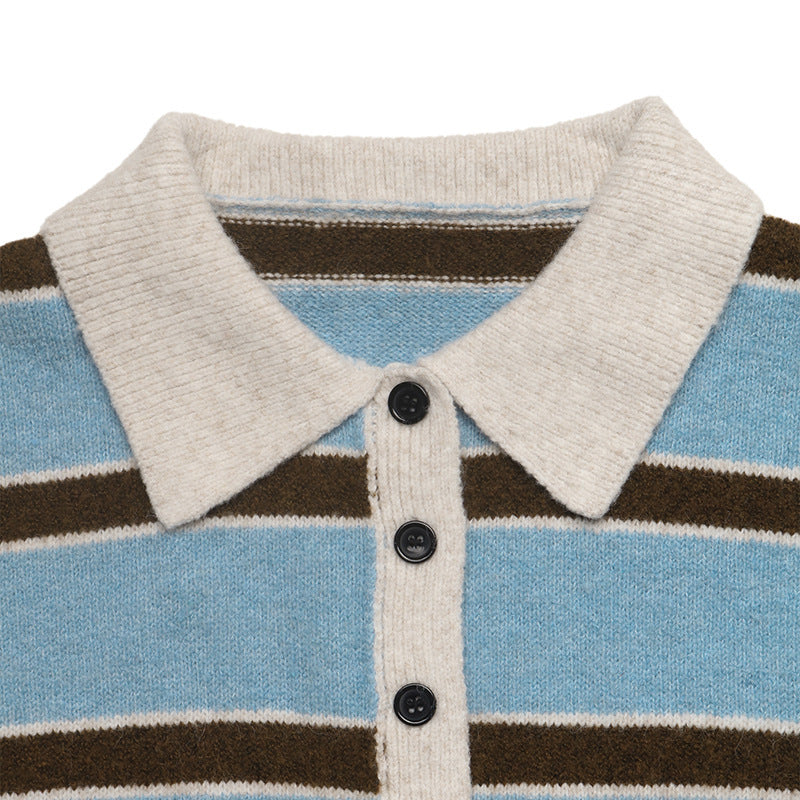 Striped Knit Polo Sweater Button Placket Relaxed Fit