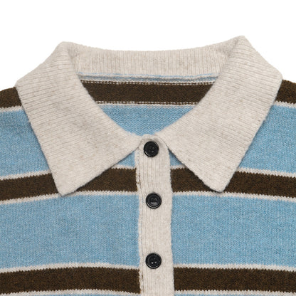 Striped Knit Polo Sweater Button Placket Relaxed Fit