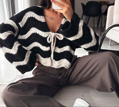 Women's Striped Tie Front Fuzzy Cardigan Sweater