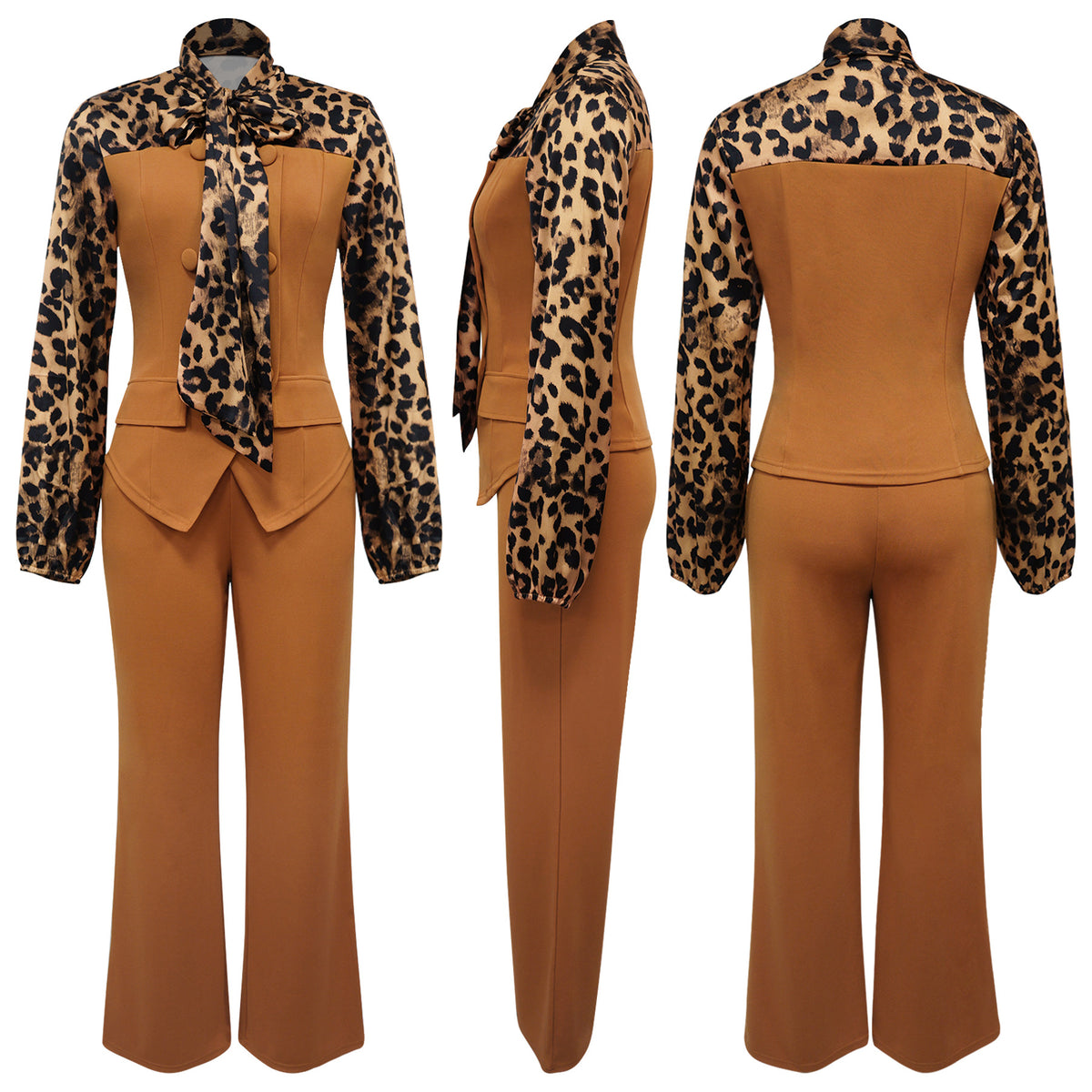 Leopard Print Tie Neck Blouse & Wide Leg Pants Set