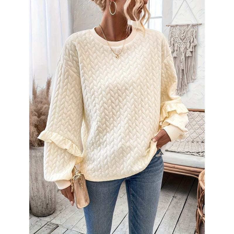 Textured Wheat Embossed Ruffle Sleeve Sweatshirt