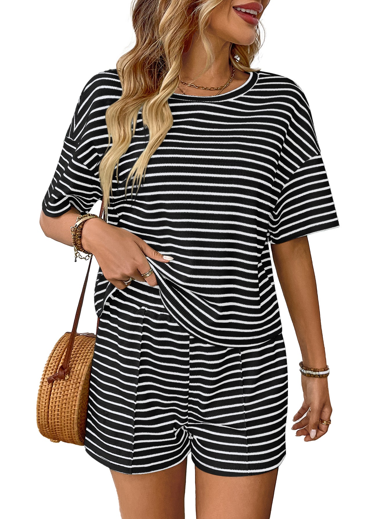 Womens Striped Lounge Set Casual Tee and Shorts Set