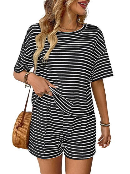 Womens Striped Lounge Set Casual Tee and Shorts Set
