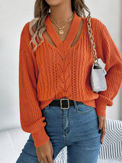 Hollow Out V Neck Cable Knit Lantern Sleeve Sweater