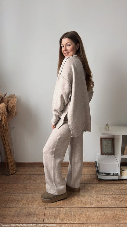 Knit Turtleneck Lounge Set with Wide Leg Pants