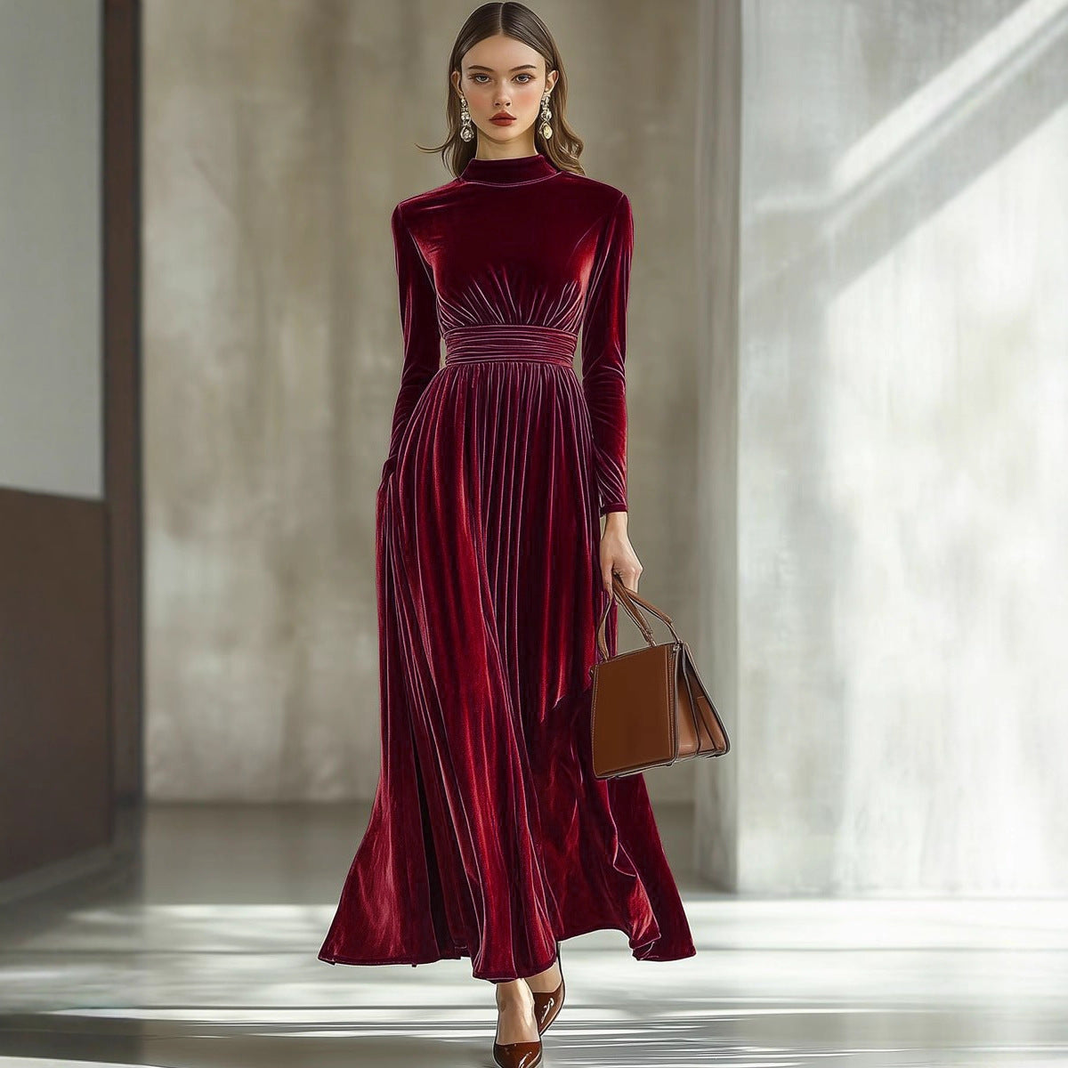 Velvet Maxi Dress Long Sleeve Mock Neck Smocked Waist