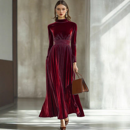 Velvet Maxi Dress Long Sleeve Mock Neck Smocked Waist