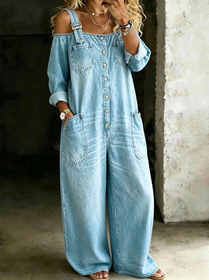 Women's Off Shoulder Denim Overalls Button Front Wide Leg
